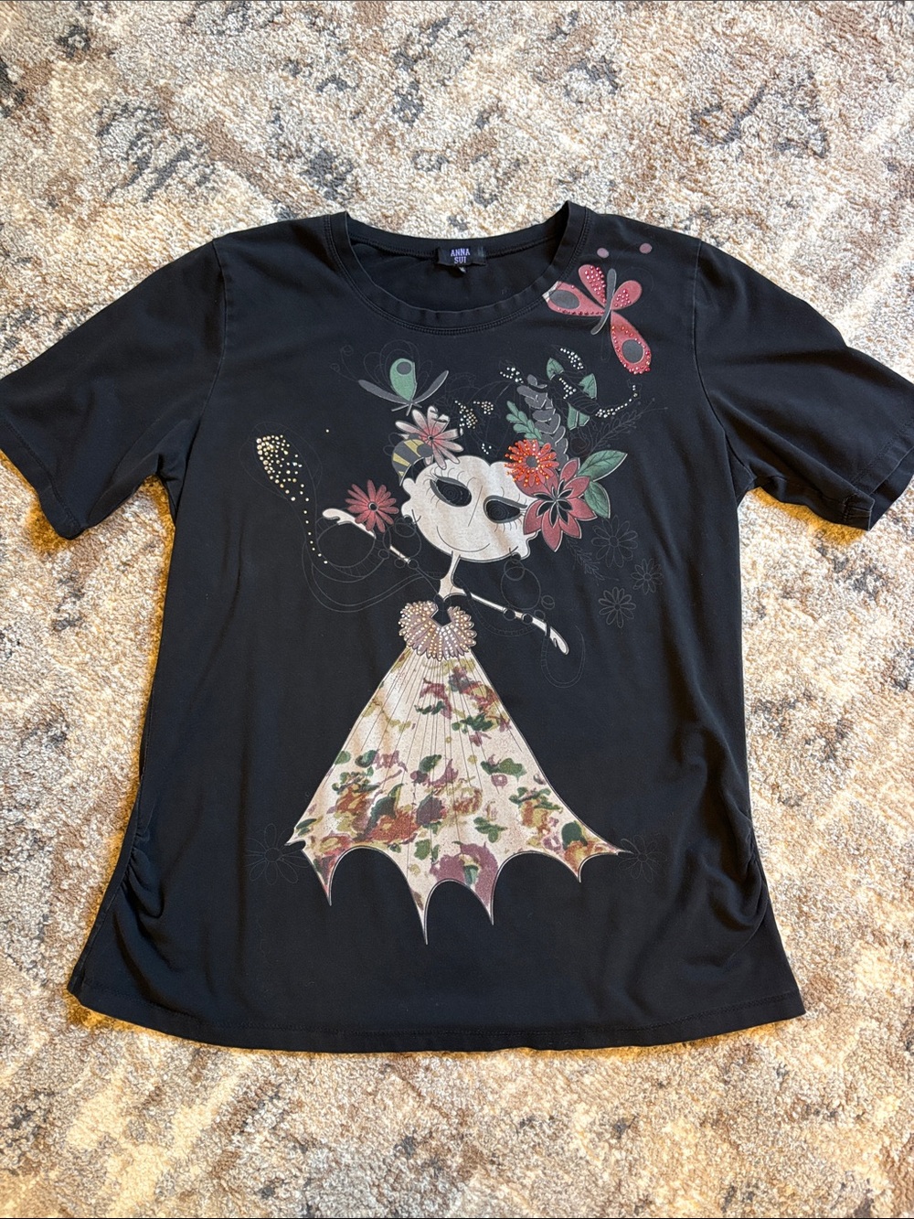 Anna Sui Black Graphic Tee with Pink & Multicolor Accents